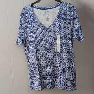 croft & barrow Blue and White Short Sleeve V-Neck Tee